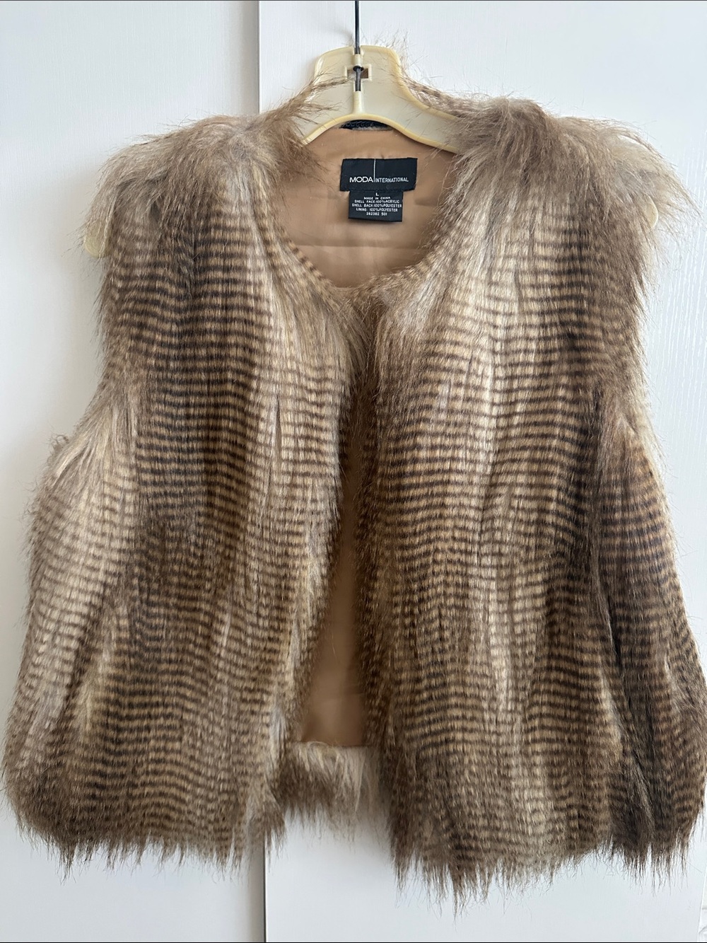 Moda International Women's Faux Fur Teddy Vest - Taupe Brown Stripe
